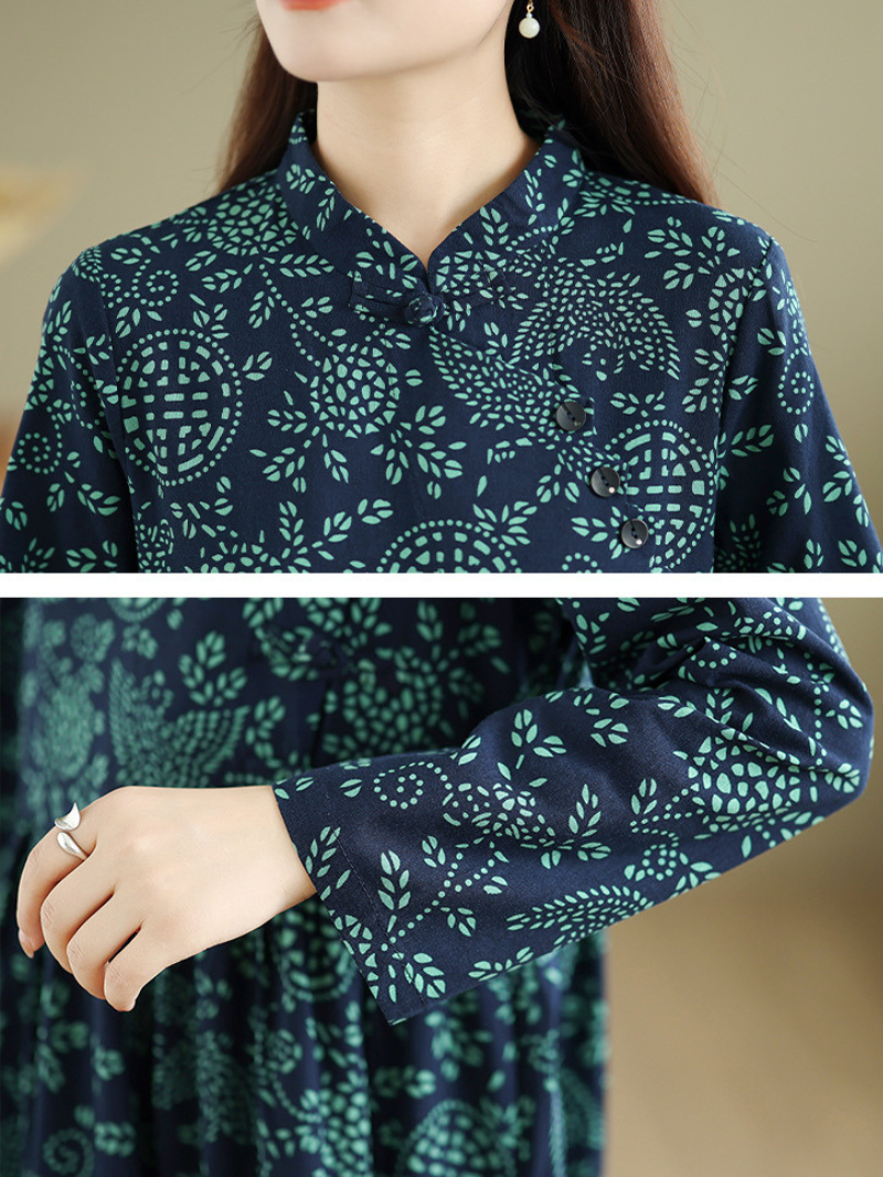 Artisanal Printed Cotton Maxi Dress with Mandarin Collar & Long Sleeves
