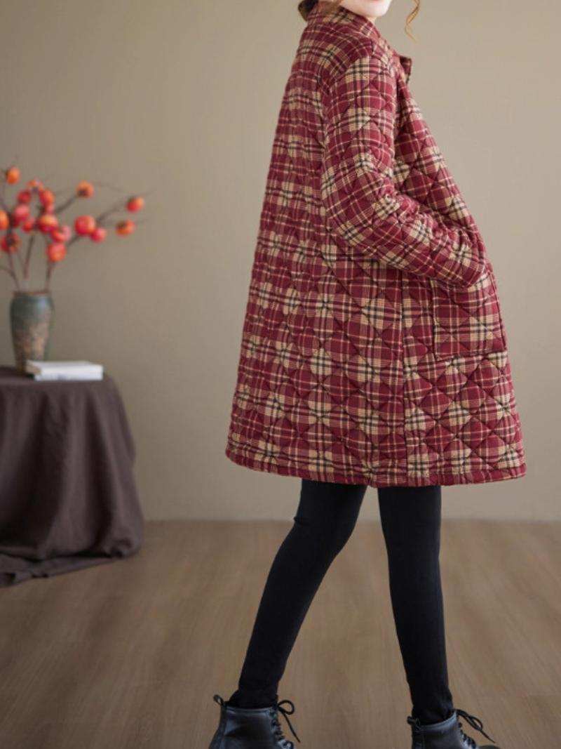 Quilted Plaid Stand-Collar Coat in Cotton & Flax with Patch Pockets
