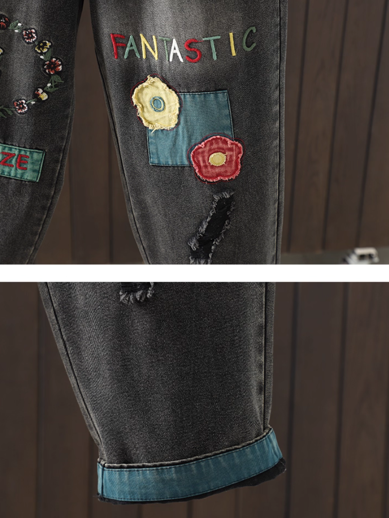Relaxed Tapered Women’s Jeans in Cotton Denim with Patchwork Design