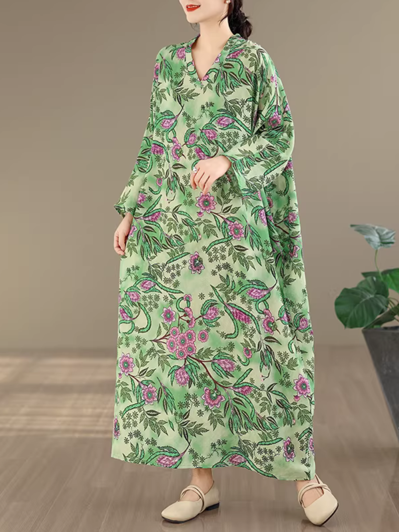 Botanical Print Maxi Kaftan Dress in Airy Artificial Cotton Elegance