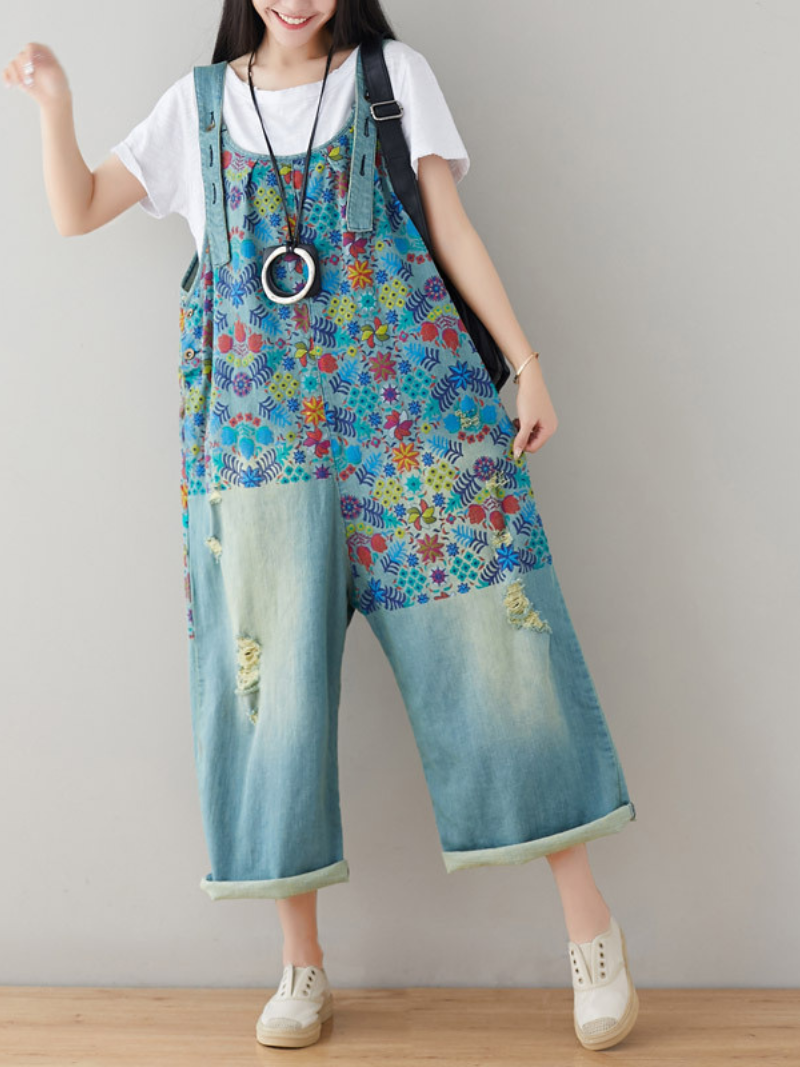 Women's Casual &Comfy Printed Jeans Wide Leg Overalls Dungaree