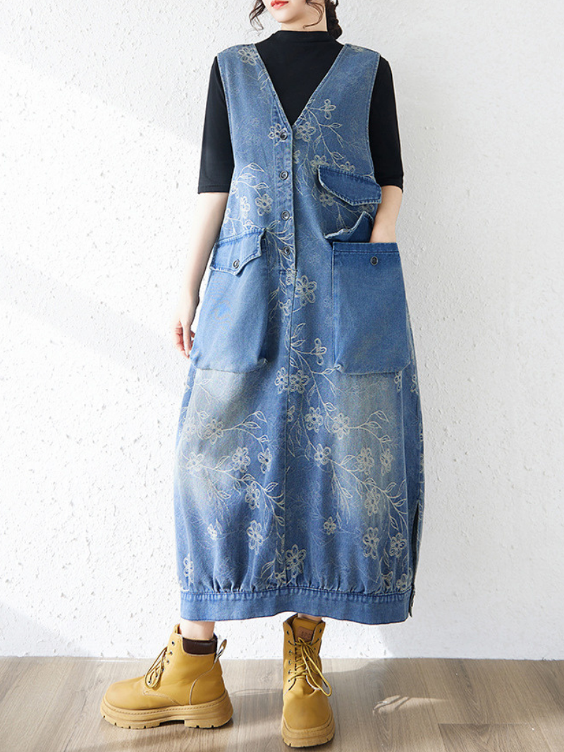 Floral Patchwork Denim Dress Pinafore Maxi with Oversized Pockets, Effortless Poise