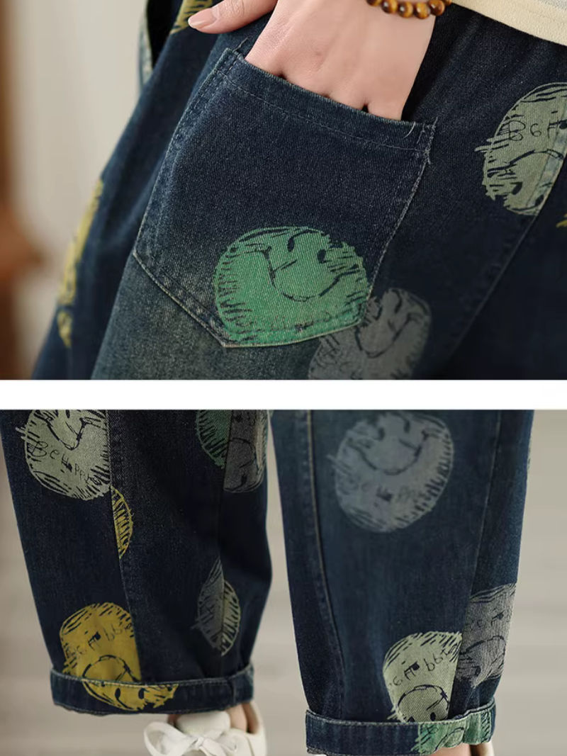 Artful Relaxed Drawstring Denim Cotton Pants, Women’s Baggy Jeans with Tapered Cuff