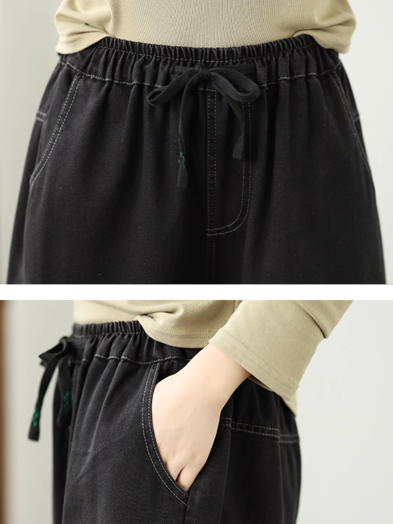 Graphic-Print Relaxed Denim Pants with Elastic Waist & Functional Pockets