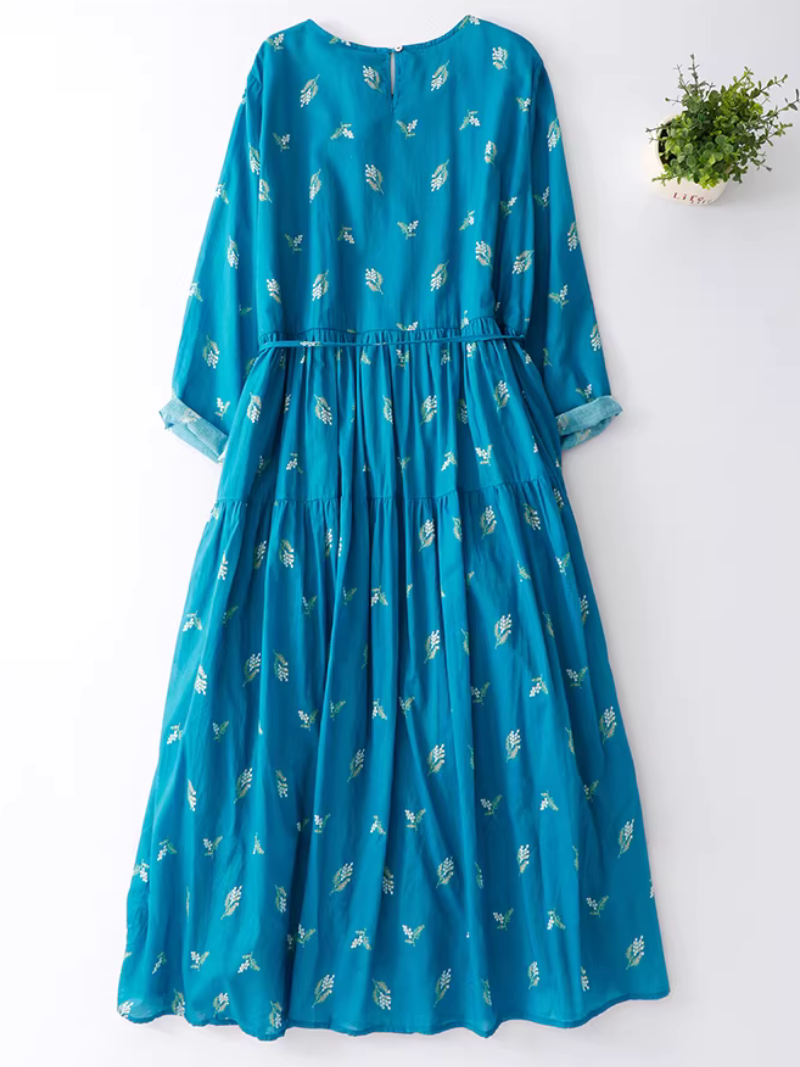 Botanical Print Boho Midi Dress with Tie Waist, Effortlessly Elegant