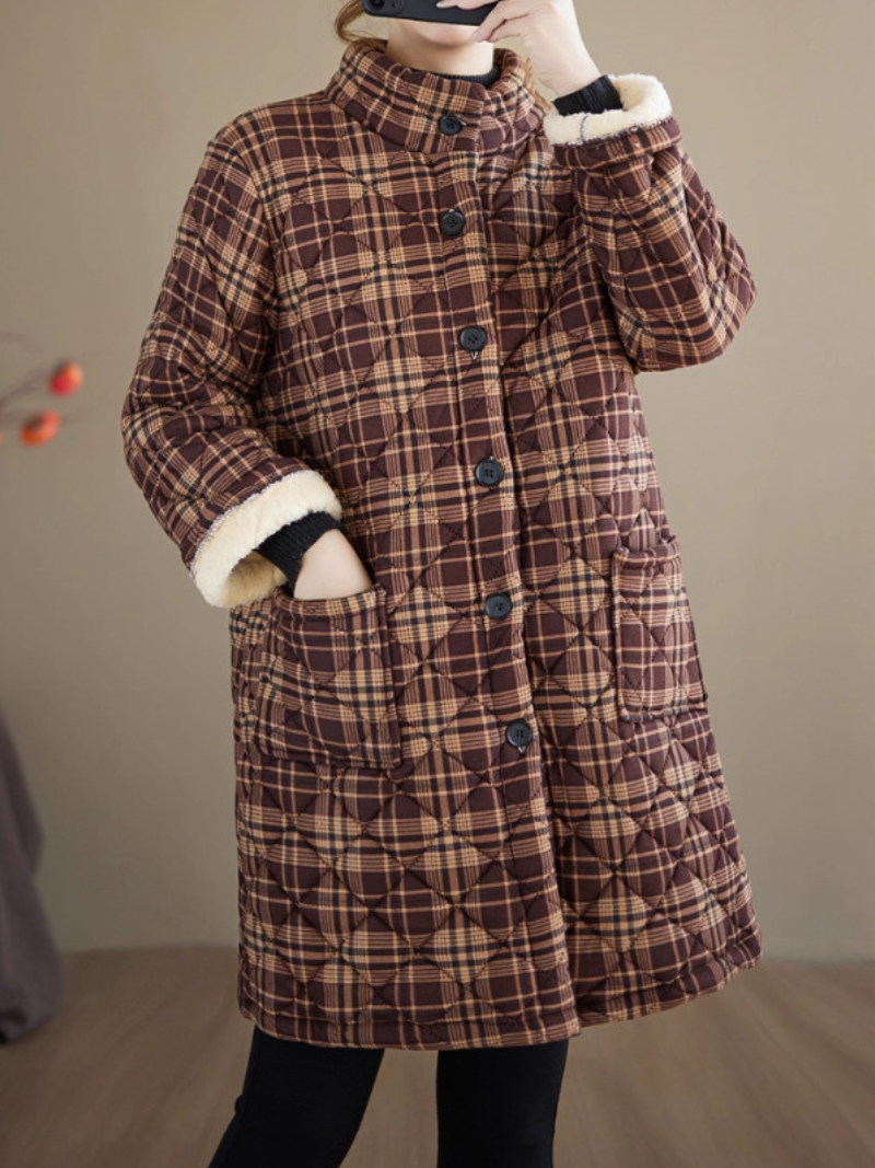Quilted Plaid Stand-Collar Coat in Cotton & Flax with Patch Pockets