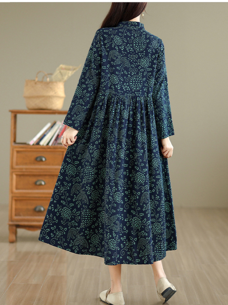 Artisanal Printed Cotton Maxi Dress with Mandarin Collar & Long Sleeves