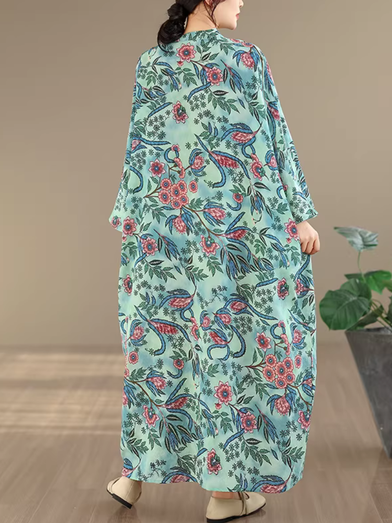 Botanical Print Viscose Kaftan Maxi Dress with Relaxed Elegance Silhouette