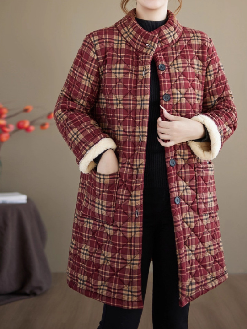Quilted Plaid Stand-Collar Coat in Cotton & Flax with Patch Pockets
