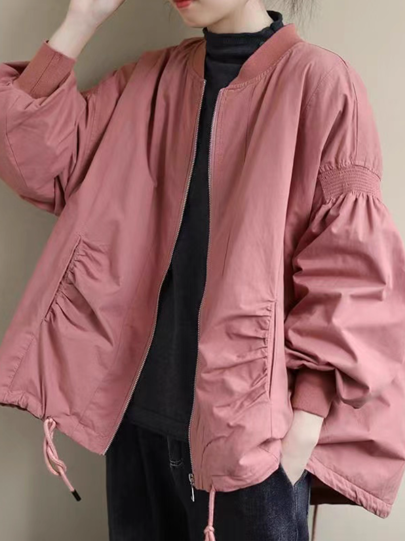 Oversized Ruched-Sleeve Women's Bomber Jacket in Cotton-Nylon Blend, Lightweight Chic
