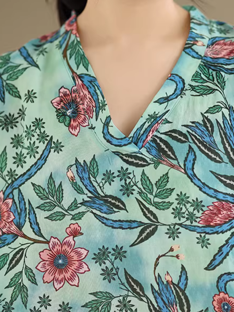 Botanical Print Viscose Kaftan Maxi Dress with Relaxed Elegance Silhouette