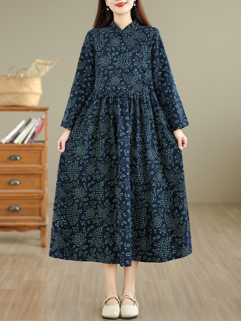 Artisanal Printed Cotton Maxi Dress with Mandarin Collar & Long Sleeves