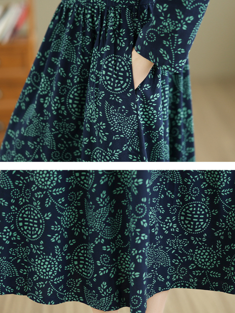 Artisanal Printed Cotton Maxi Dress with Mandarin Collar & Long Sleeves