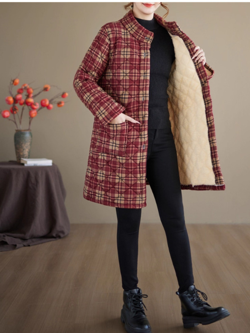 Quilted Plaid Stand-Collar Coat in Cotton & Flax with Patch Pockets