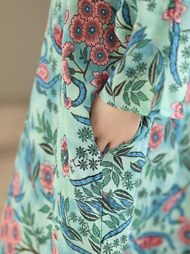 Botanical Print Viscose Kaftan Maxi Dress with Relaxed Elegance Silhouette