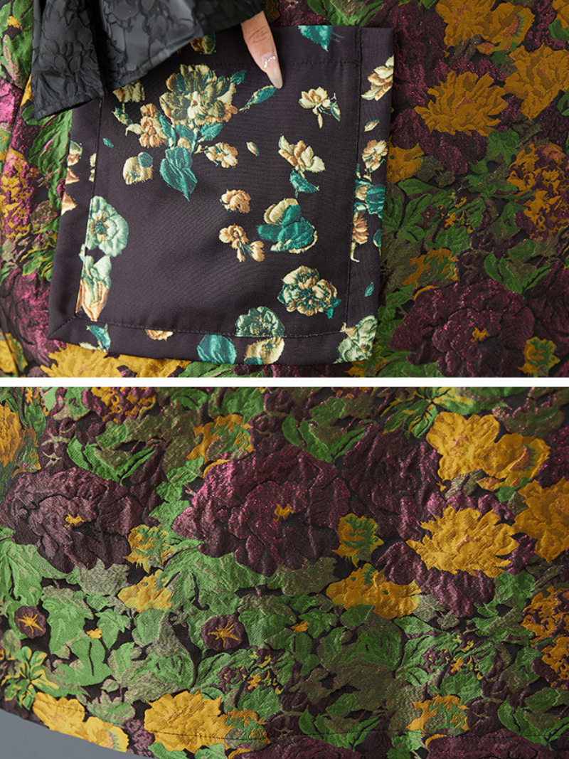 Quilted Jacquard Floral Cocoon Midi Dress with Artful Patch Pockets