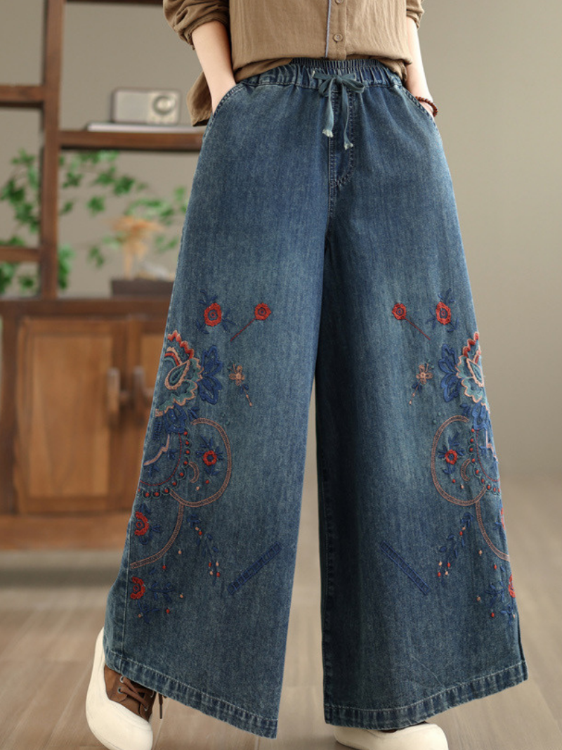 Artisanal Embroidered Wide-Leg Denim Cotton Pants with Drawstring Waist and Pockets