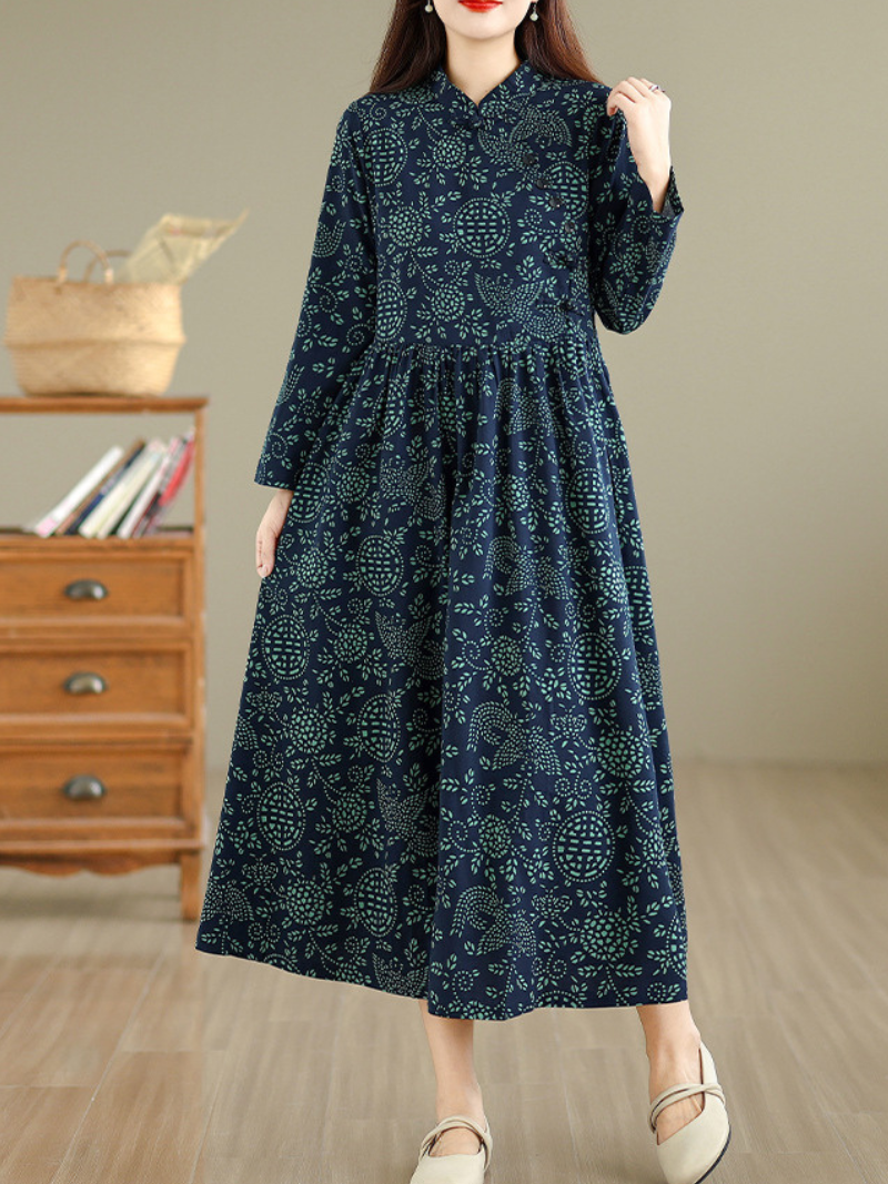 Artisanal Printed Cotton Maxi Dress with Mandarin Collar & Long Sleeves