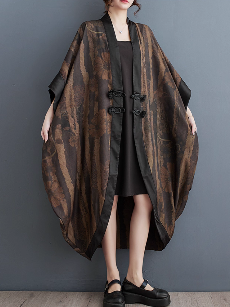 Elegant Kimono Coat with Frog Fastenings and Draped Cocoon Shape