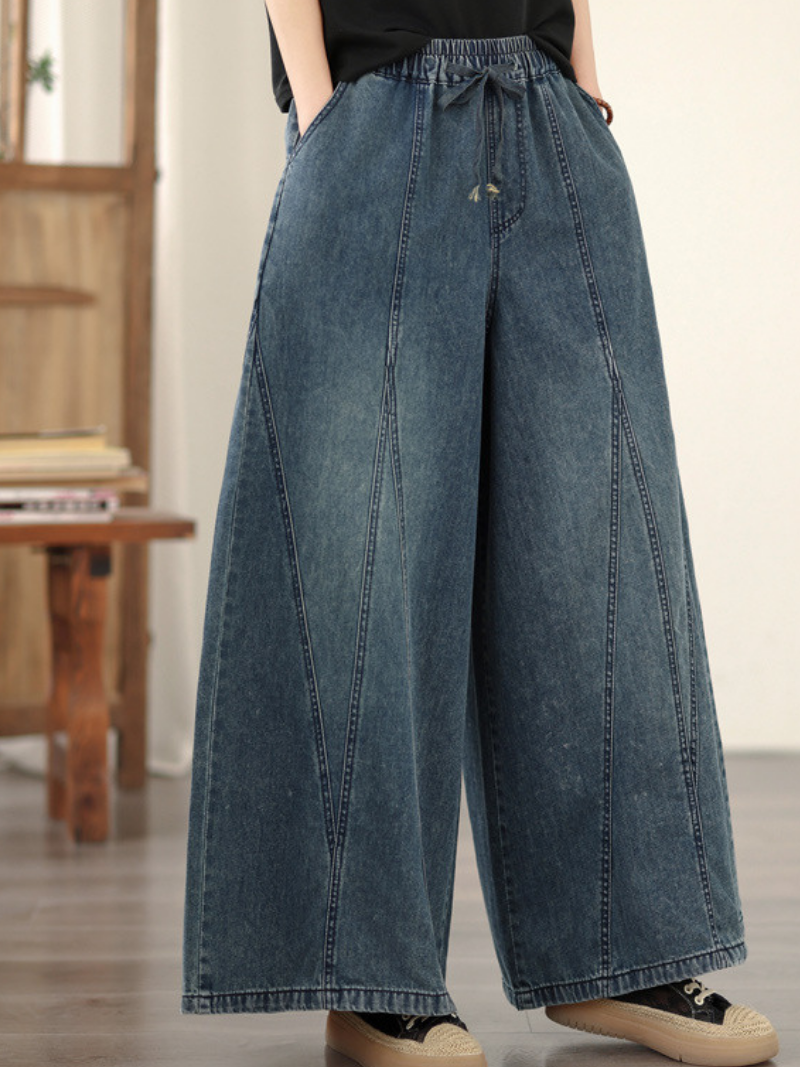 Artful Panel Wide-Leg Jeans in Soft Denim Cotton, Relaxed Palazzo Silhouette