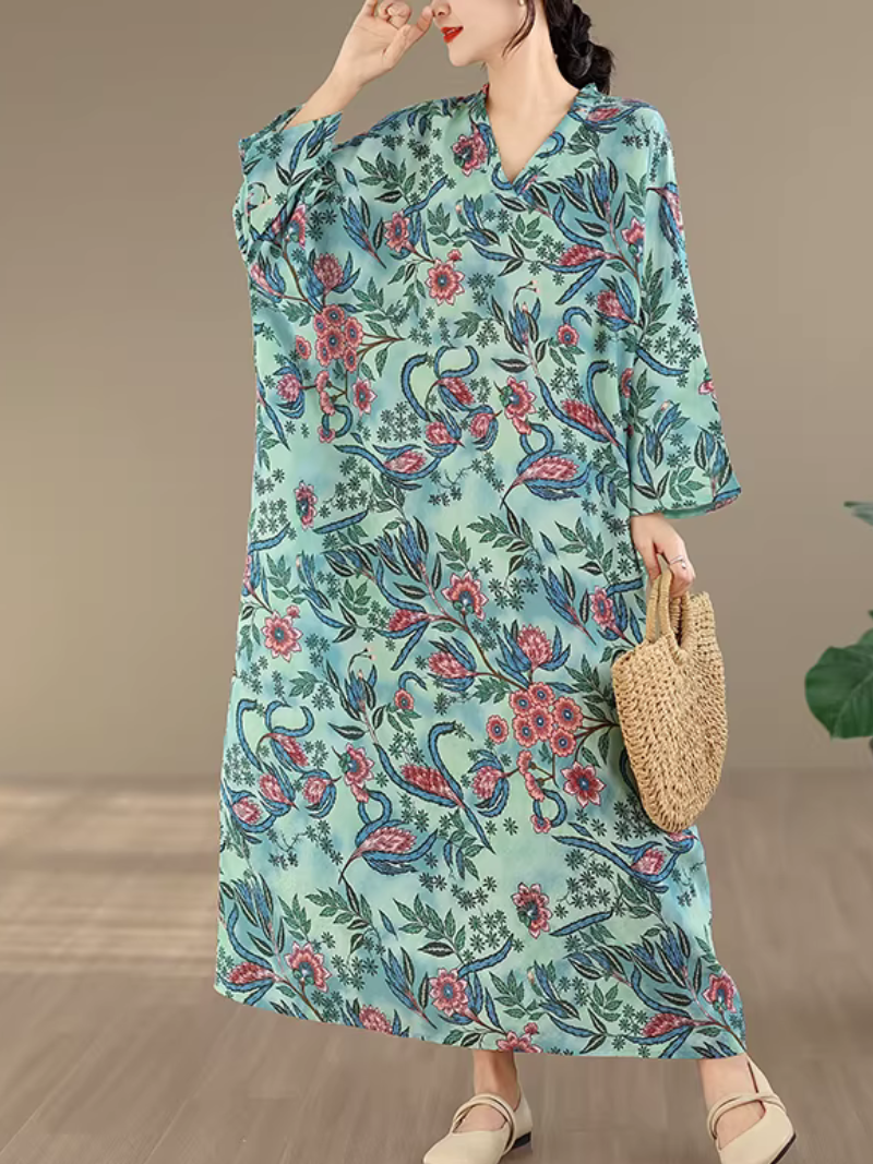 Botanical Print Viscose Kaftan Maxi Dress with Relaxed Elegance Silhouette