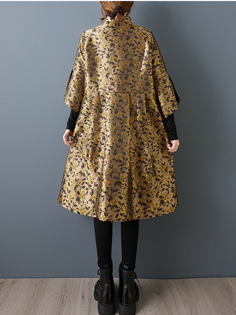 Lustrous Jacquard Satin Floral Cape Jacket with Mandarin Collar Elegance