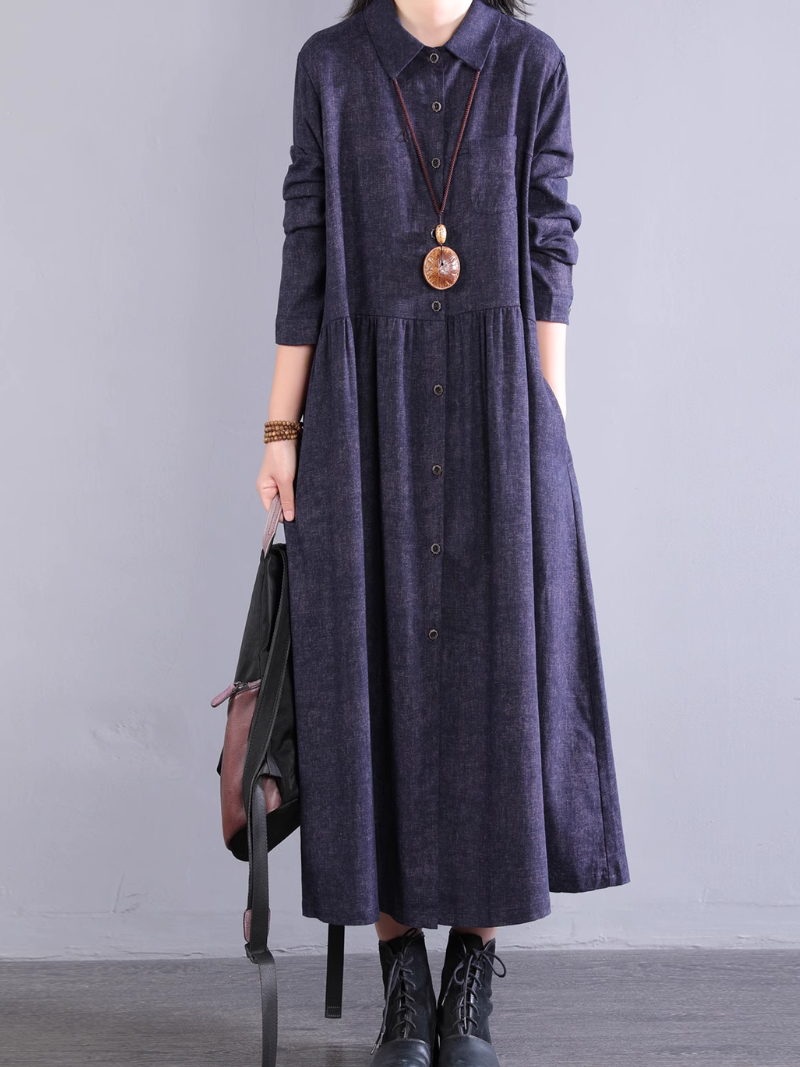 Women's Cotton A-line Shirt Dress with Pockets, Collared Midi