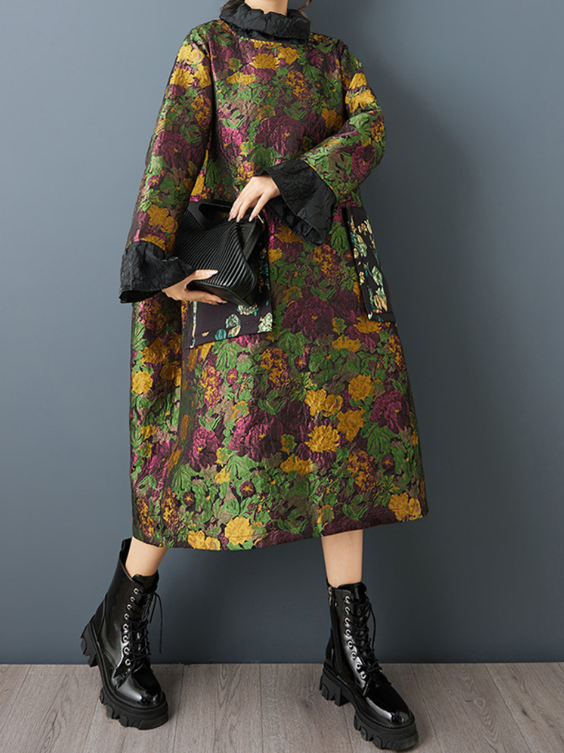 Quilted Jacquard Floral Cocoon Midi Dress with Artful Patch Pockets