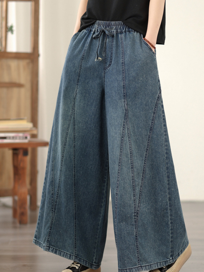 Artful Panel Wide-Leg Jeans in Soft Denim Cotton, Relaxed Palazzo Silhouette