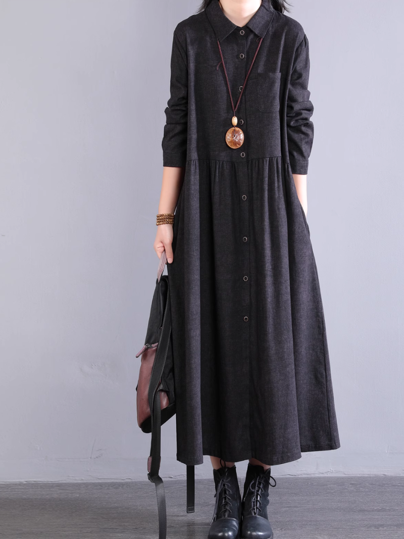 Women's Cotton A-line Shirt Dress with Pockets, Collared Midi