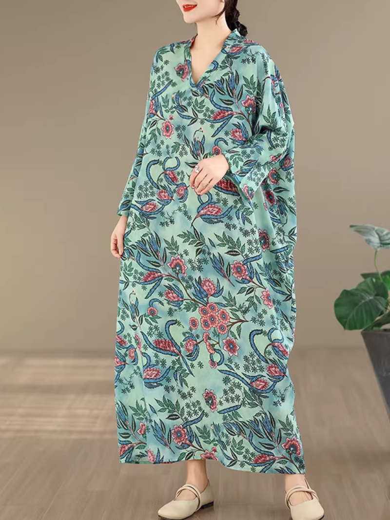 Botanical Print Viscose Kaftan Maxi Dress with Relaxed Elegance Silhouette