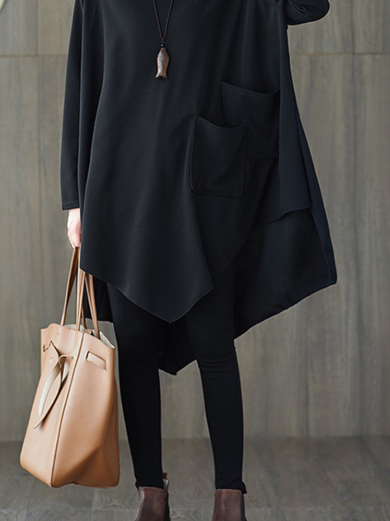 Asymmetrical Oversized Tunic Top with Sculpted Pockets in Black Polyester