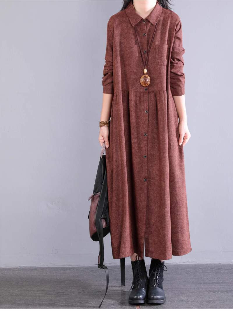 Women's Cotton A-line Shirt Dress with Pockets, Collared Midi