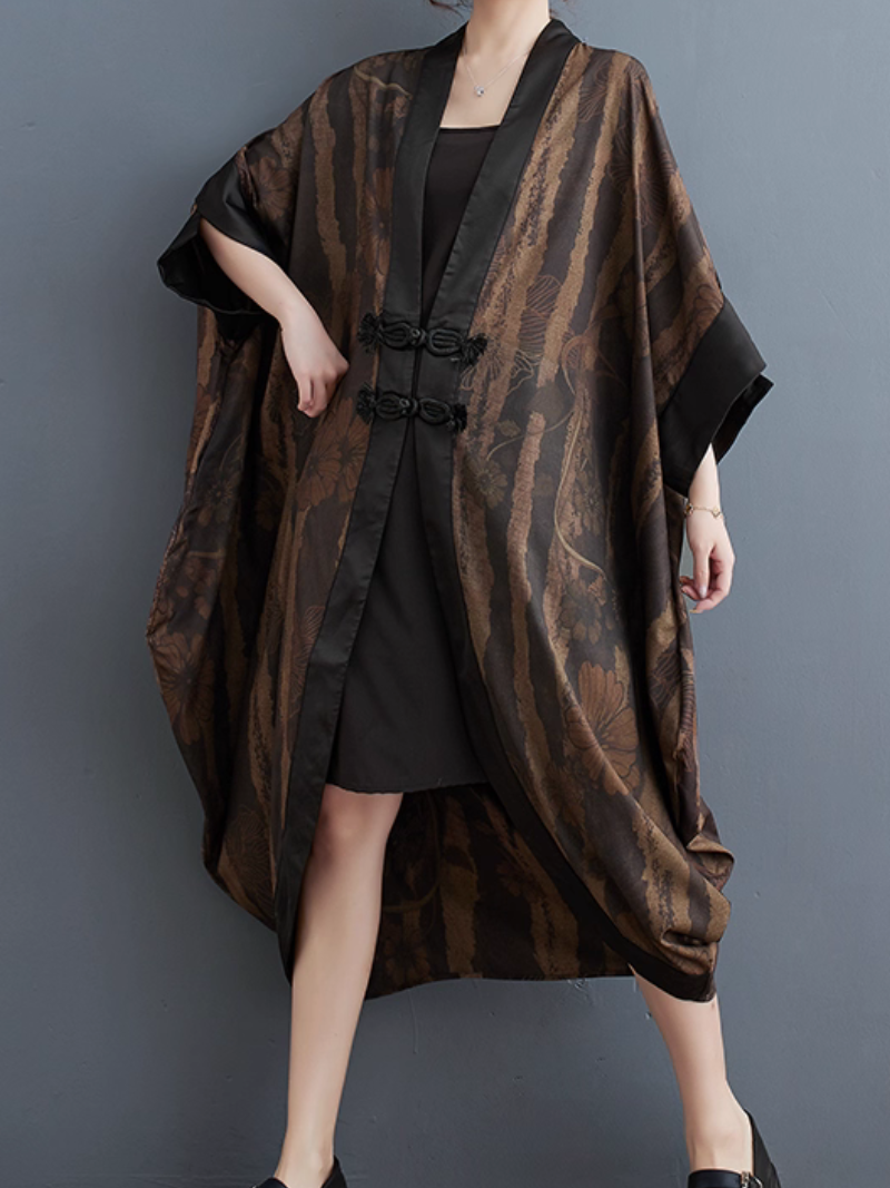 Elegant Kimono Coat with Frog Fastenings and Draped Cocoon Shape
