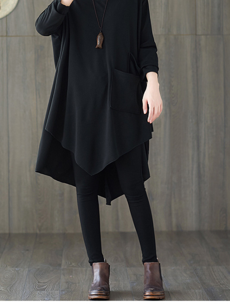 Asymmetrical Oversized Tunic Top with Sculpted Pockets in Black Polyester