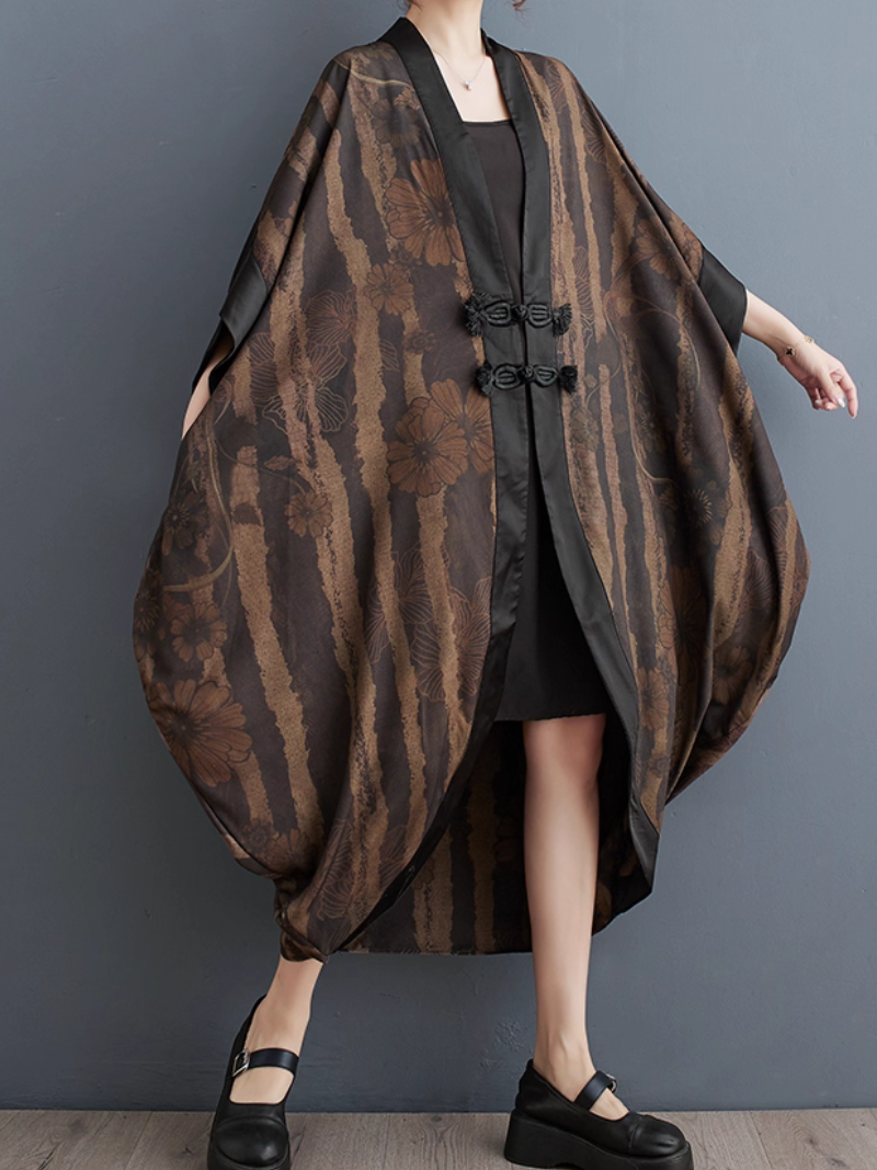 Elegant Kimono Coat with Frog Fastenings and Draped Cocoon Shape