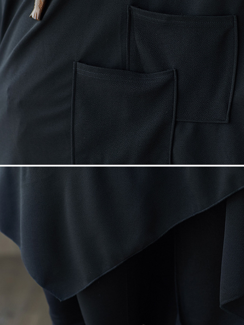 Asymmetrical Oversized Tunic Top with Sculpted Pockets in Black Polyester