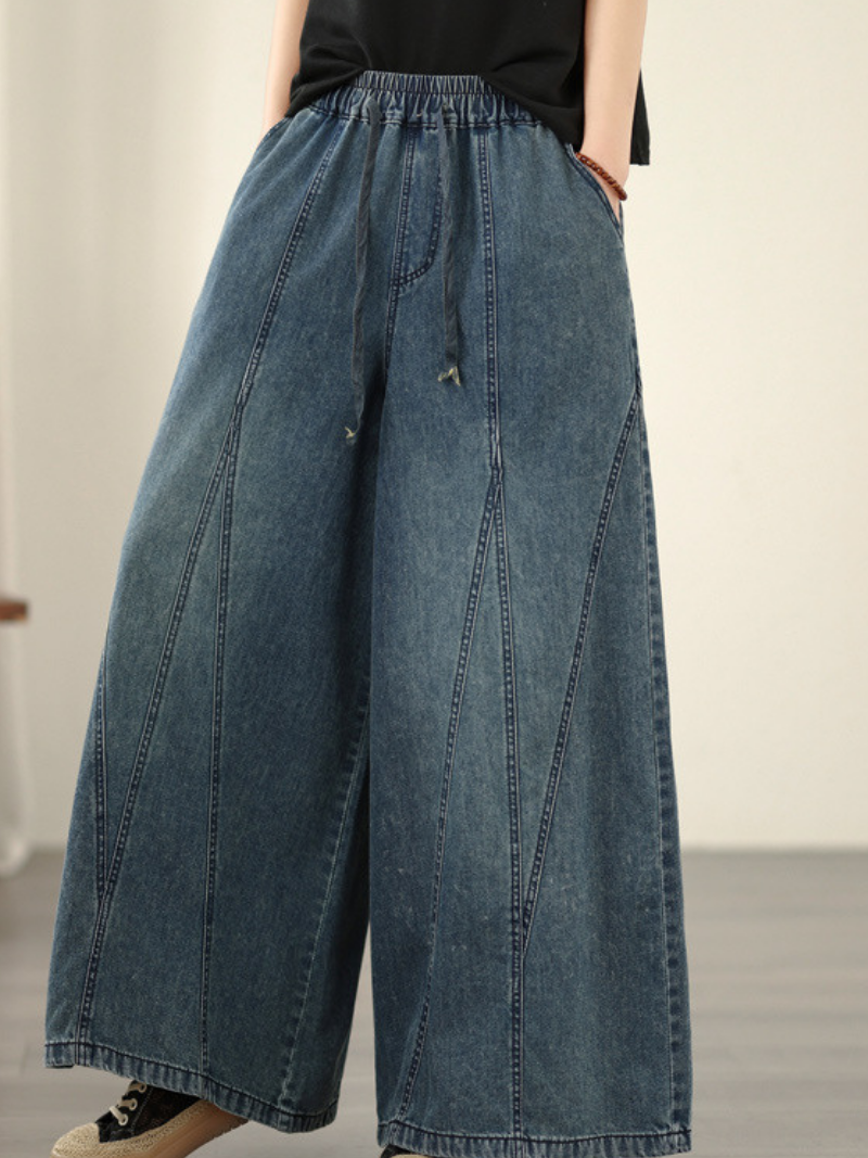 Artful Panel Wide-Leg Jeans in Soft Denim Cotton, Relaxed Palazzo Silhouette
