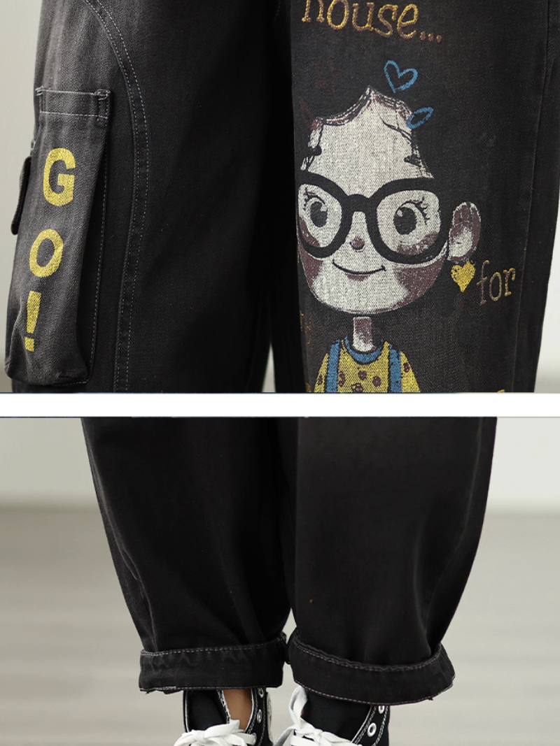 Graphic-Print Relaxed Denim Pants with Elastic Waist & Functional Pockets
