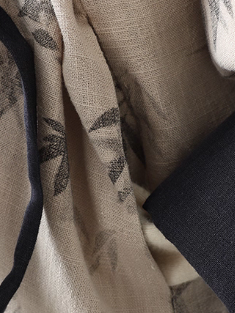 Bamboo Print Cotton-Linen Kimono Jacket with Contrast Trim and Tie