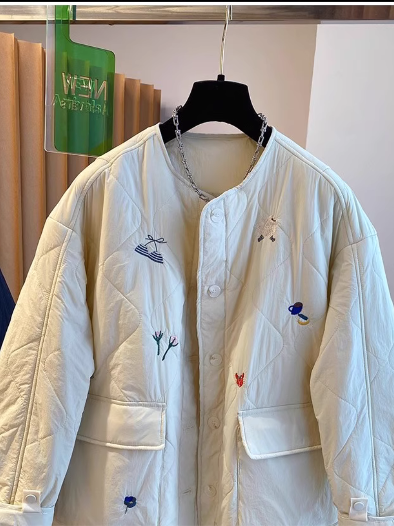 Embroidered Quilted Jacket with Patch Pockets & Oversized Silhouette