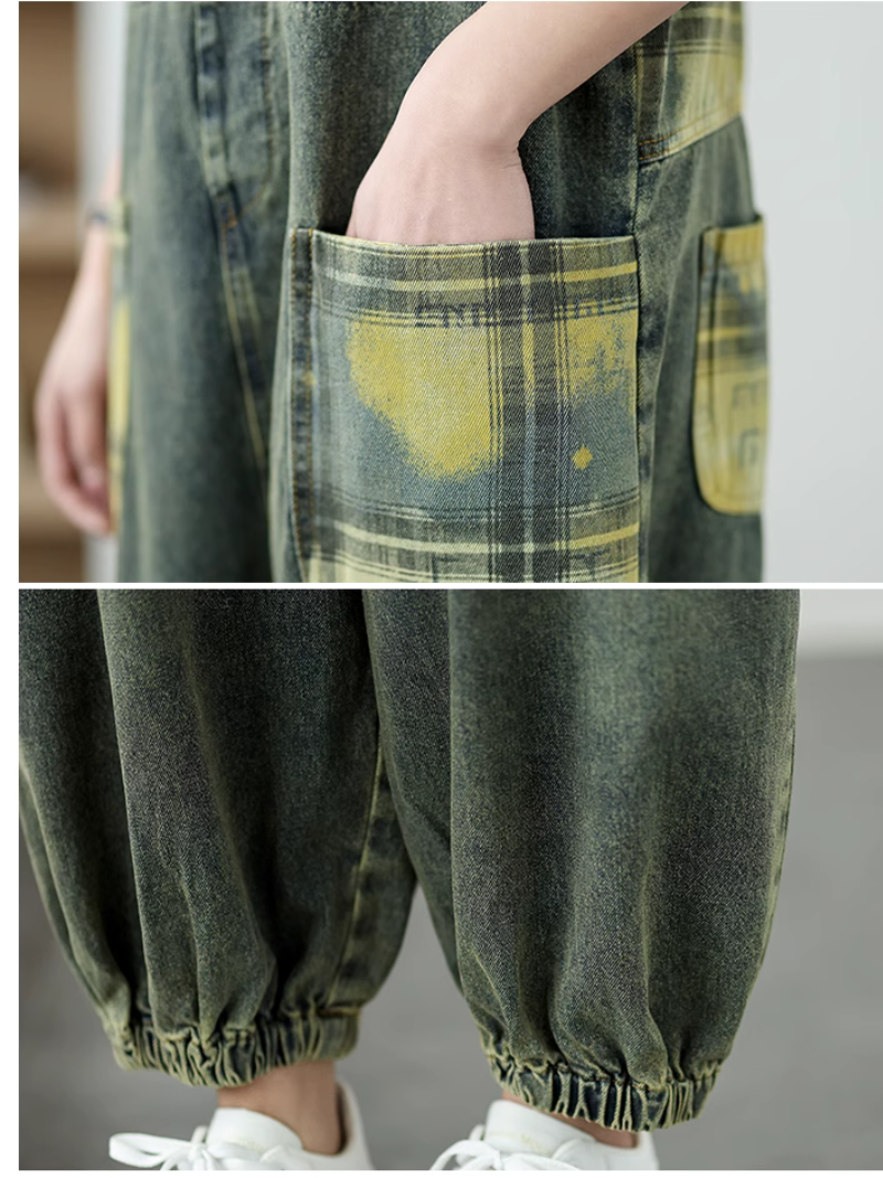 Women's Artistic Patchwork Jeans Wide-Leg Jumpsuit Dungaree