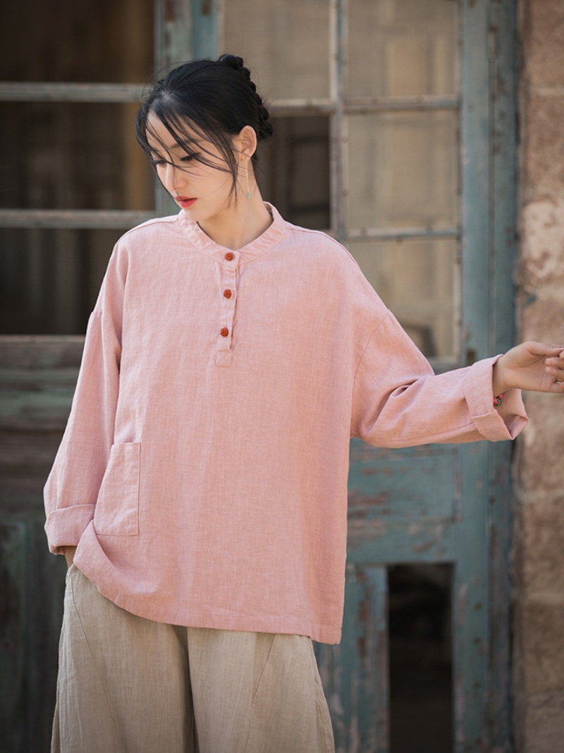 Artisan Mandarin-Collar Linen Blouse with Henley Buttons, Relaxed Silhouette, Pocket