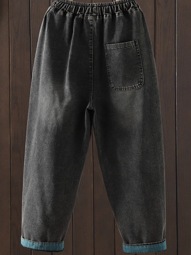 Relaxed Tapered Women’s Jeans in Cotton Denim with Patchwork Design