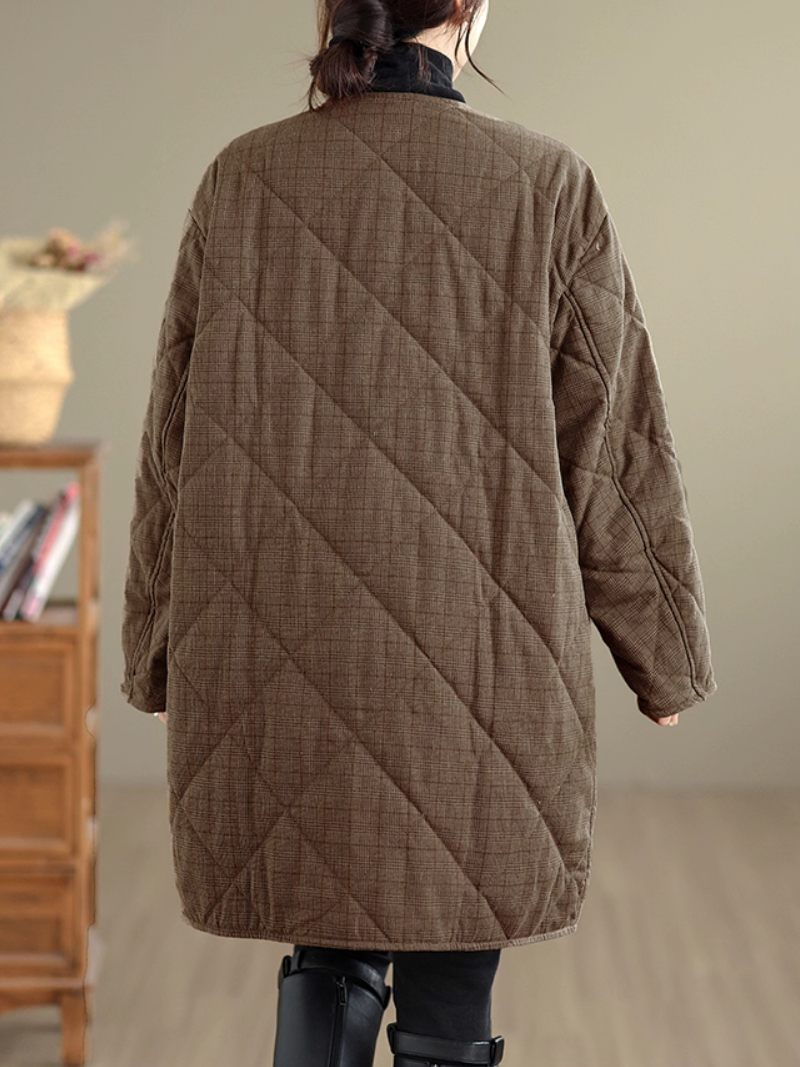 Oversized Quilted Coat with Curved Hem, Minimal Round Neck Elegance