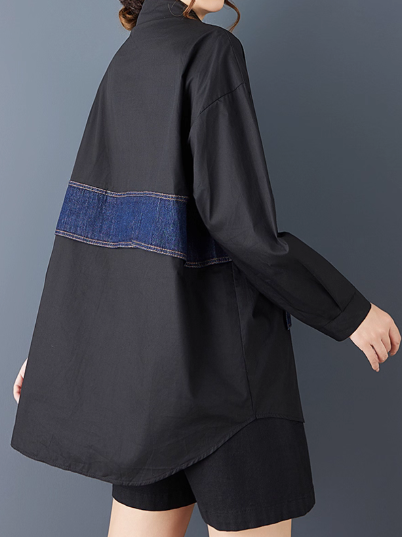 Oversized Button-Down Shirt with Denim Contrast Panels, Modern Minimal Elegance