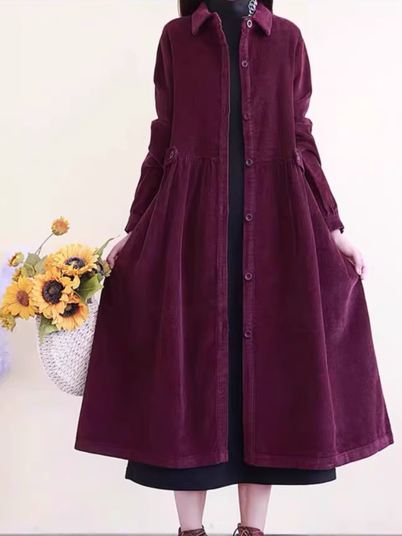 Fine Corduroy A-Line Midi Shirt Dress with Pockets and Collar