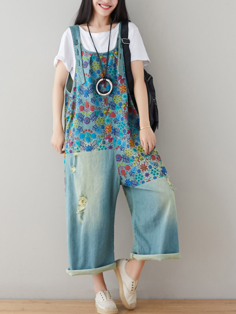 Women's Casual &Comfy Printed Jeans Wide Leg Overalls Dungaree