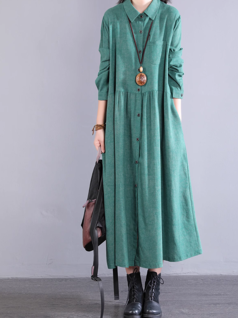 Women's Cotton A-line Shirt Dress with Pockets, Collared Midi