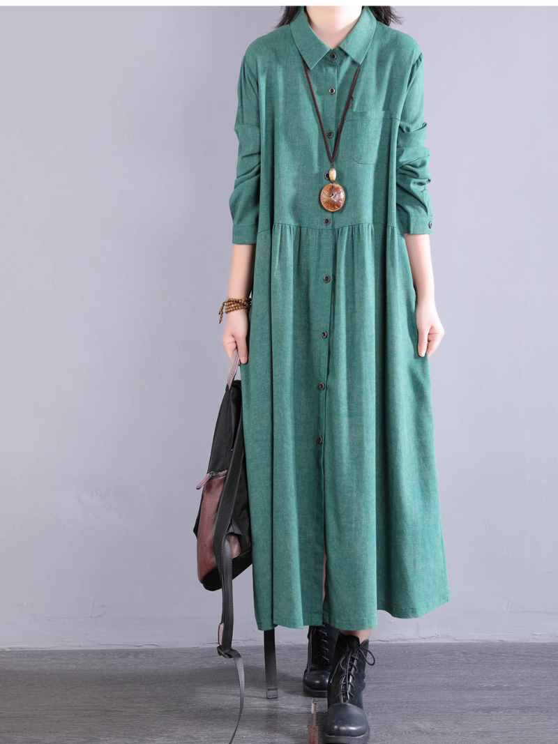 Women's Cotton A-line Shirt Dress with Pockets, Collared Midi